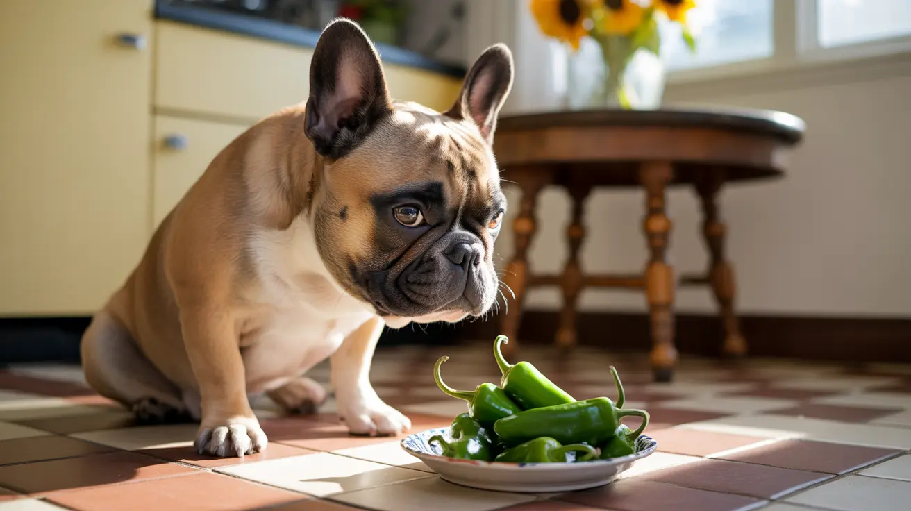 A French Bulldog puppy sitting next to a plate of green peppers, looking curiously at the vegetables