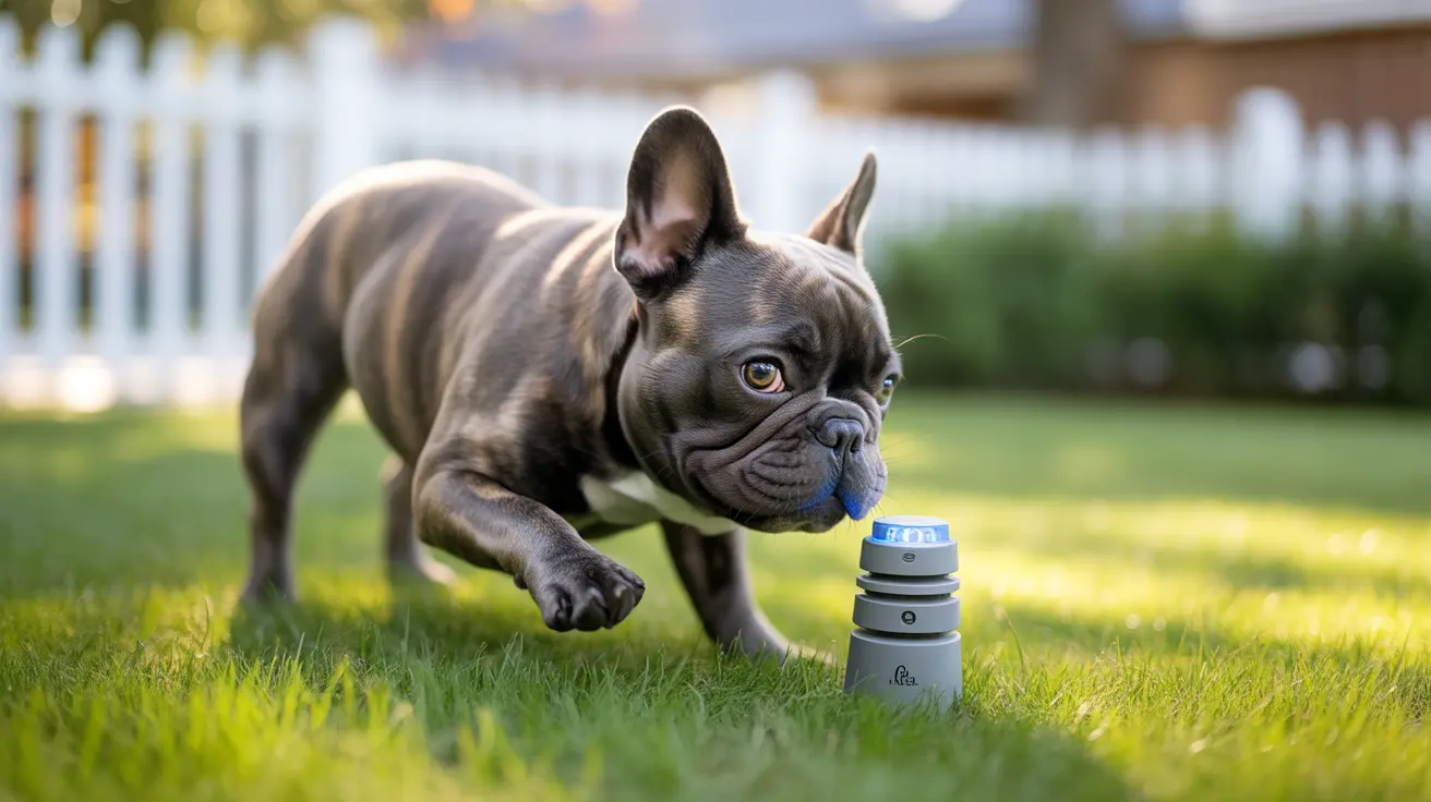 French Bulldog puppy touching a blue-topped water bottle in a sunny backyard