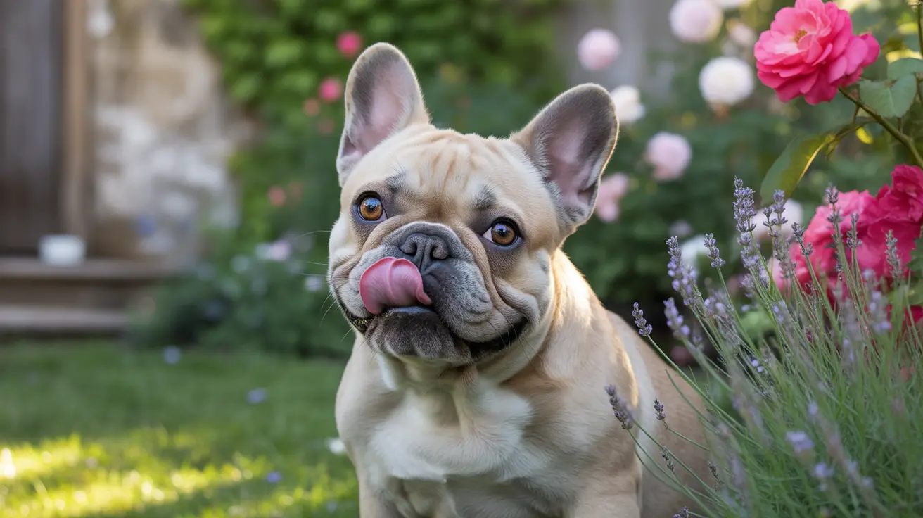 Un adorable chiot Bouledogue français assis dans un jardin avec la langue tirée de manière espiègle.
