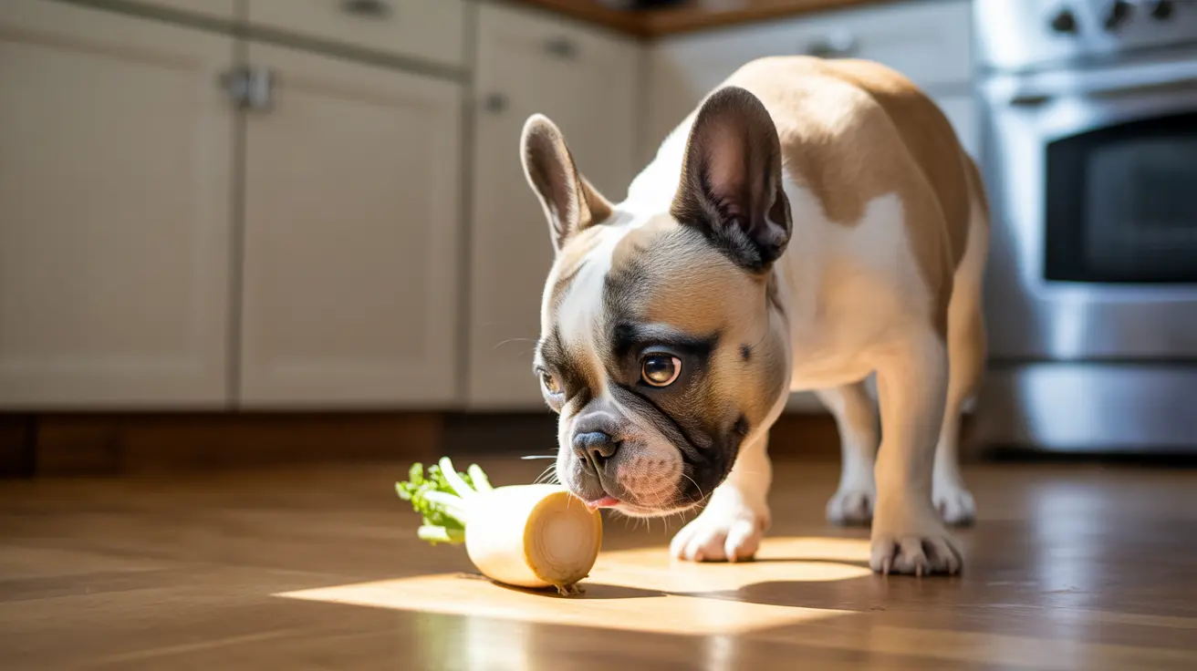 A French Bulldog puppy curiously investigating a leek or green vegetable on a kitchen floor
