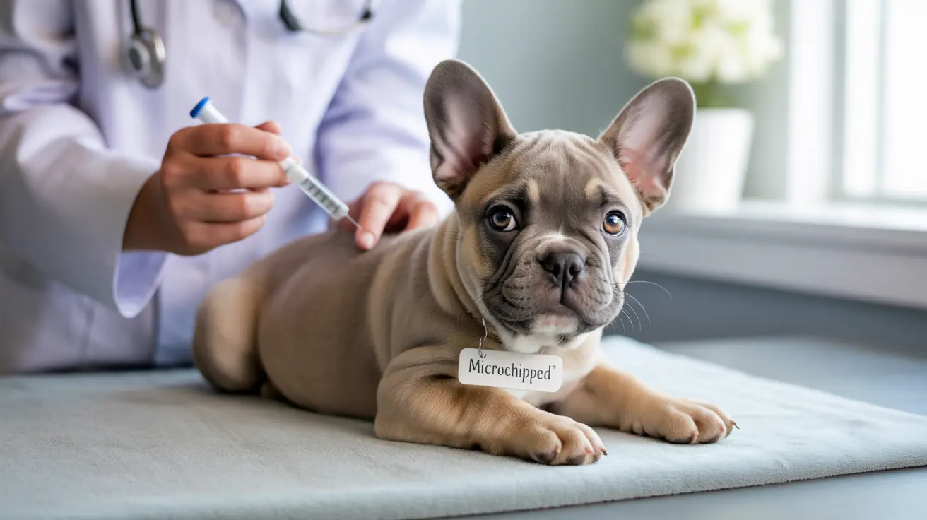 Young French Bulldog puppy receiving a microchip injection at a veterinary clinic