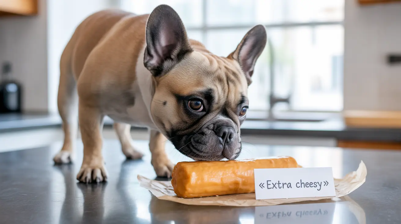 French Bulldog puppy staring at extra cheesy snack on kitchen counter