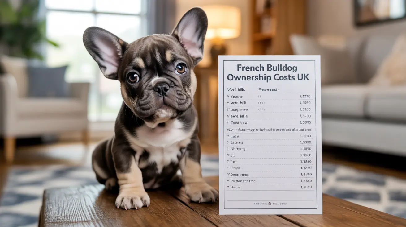 A French Bulldog puppy sitting next to a cost breakdown sheet for French Bulldog ownership in the UK.