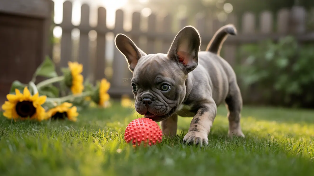 A cute French Bulldog puppy playing with a red textured ball on a grassy lawn with sunflowers in the background