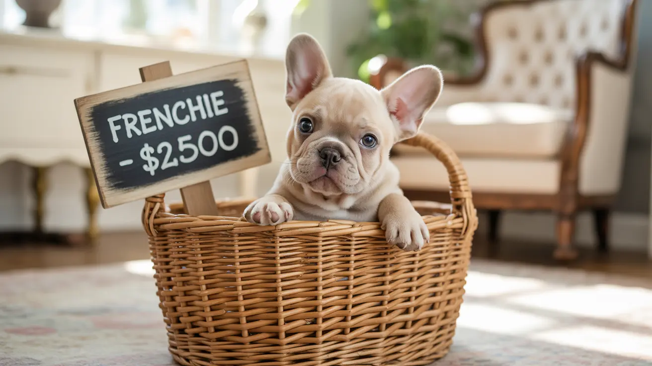 Un cachorro de Bulldog Francés sentado en una cesta de mimbre con un letrero de precio