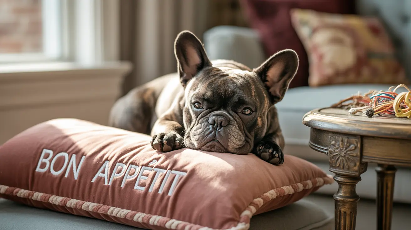 A French Bulldog on a pink 'Bon Appetit' cushion in a cozy living room