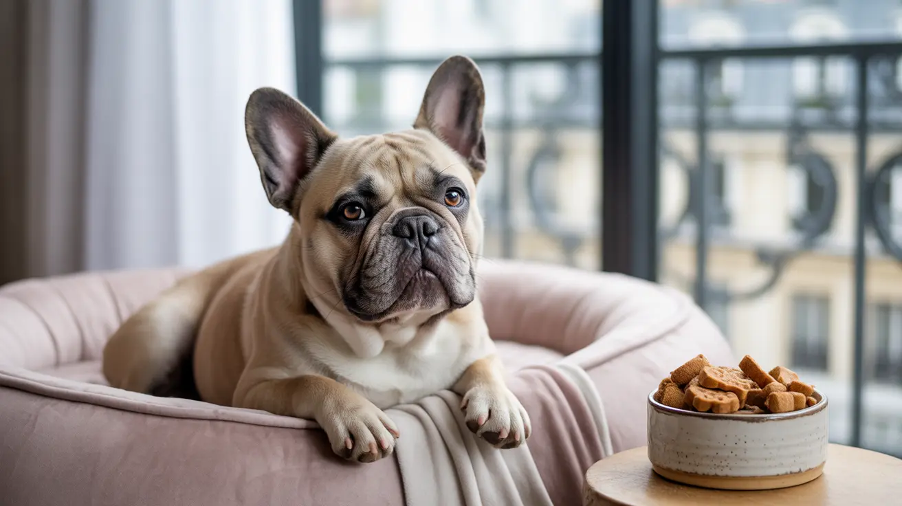 French Bulldog resting on a soft pink bed near a window with a bowl of treats nearby
