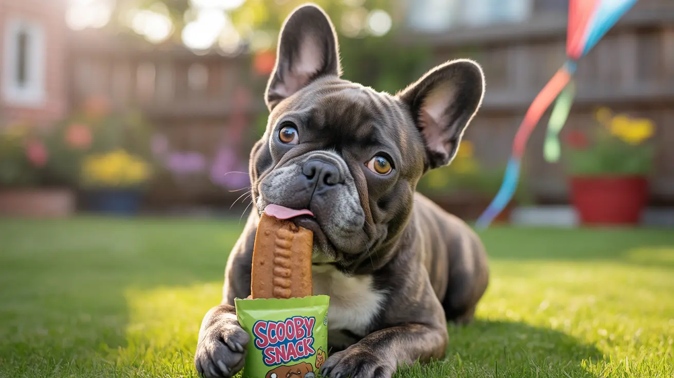 Un Bulldog Francés disfrutando de una golosina Scooby Snack en un jardín trasero