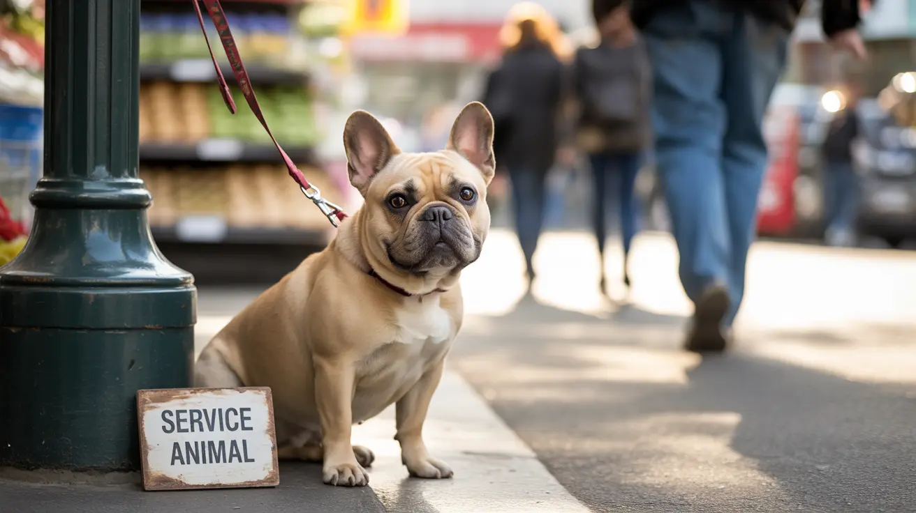 A French Bulldog sitting next to a 'Service Animal' sign on a city sidewalk