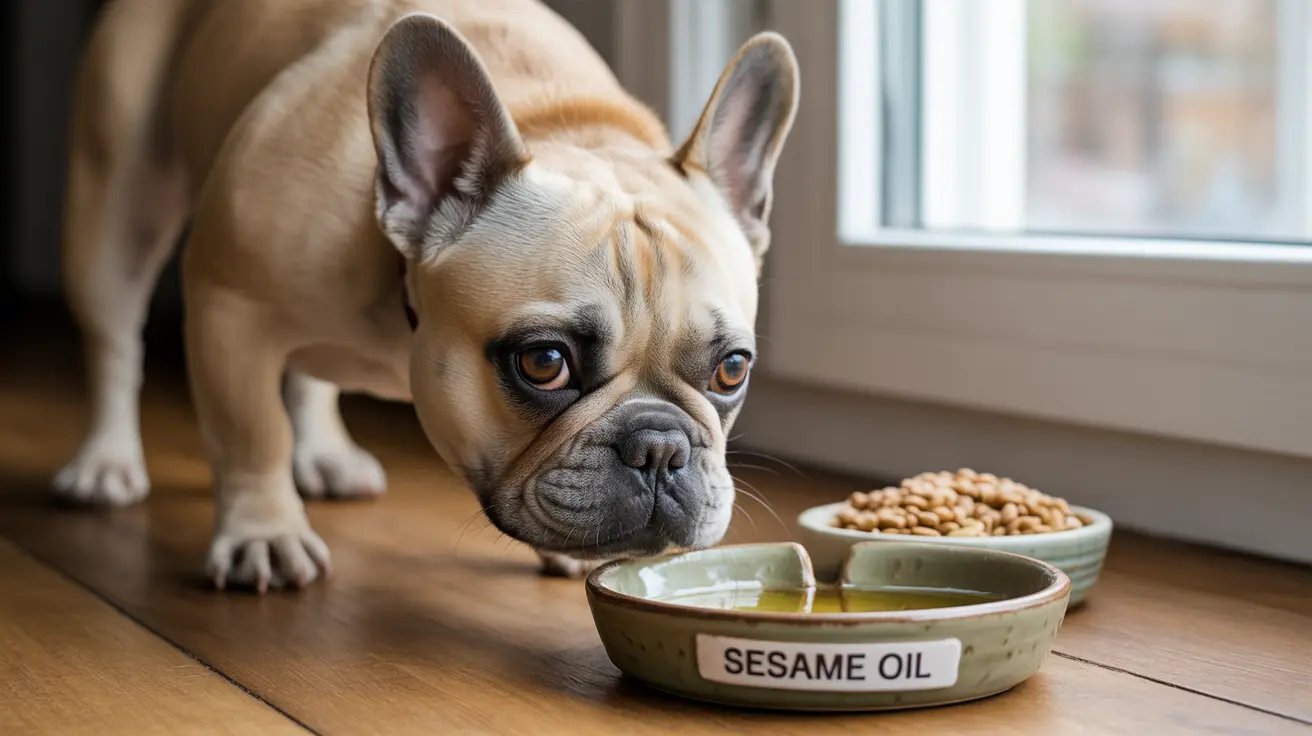 A French Bulldog sitting next to bowls of sesame oil and dog food