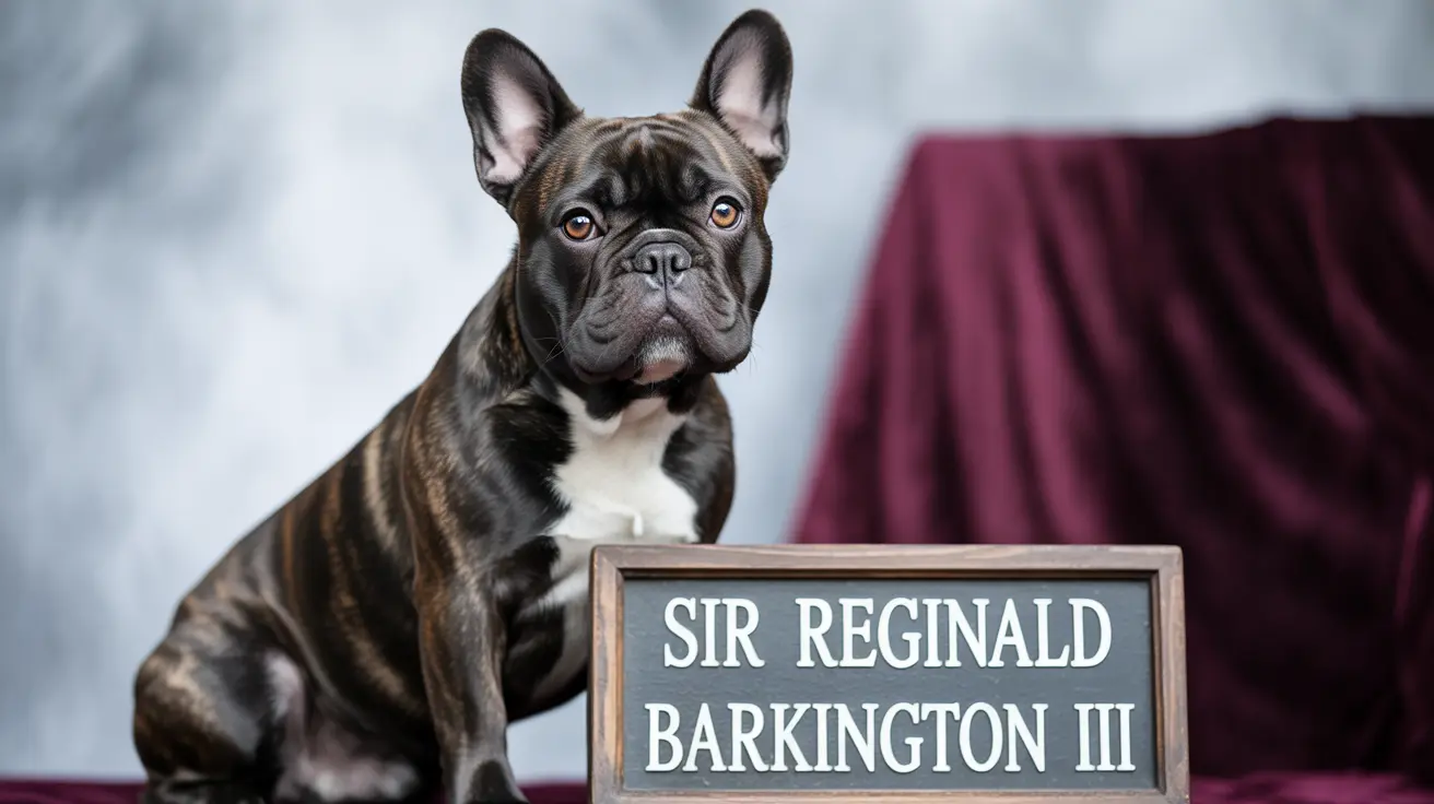A regal French Bulldog posing next to a nameplate reading 'Sir Reginald Barkington III'