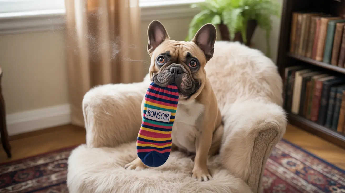 French Bulldog on a chair with a colorful sock in its mouth