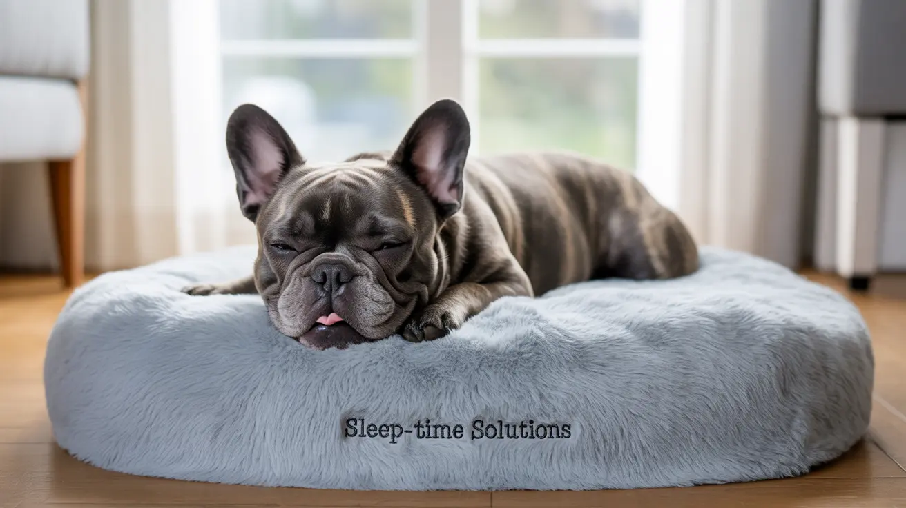 Un bouledogue français dormant paisiblement sur un lit pour chien gris doux et moelleux près d'une fenêtre lumineuse.