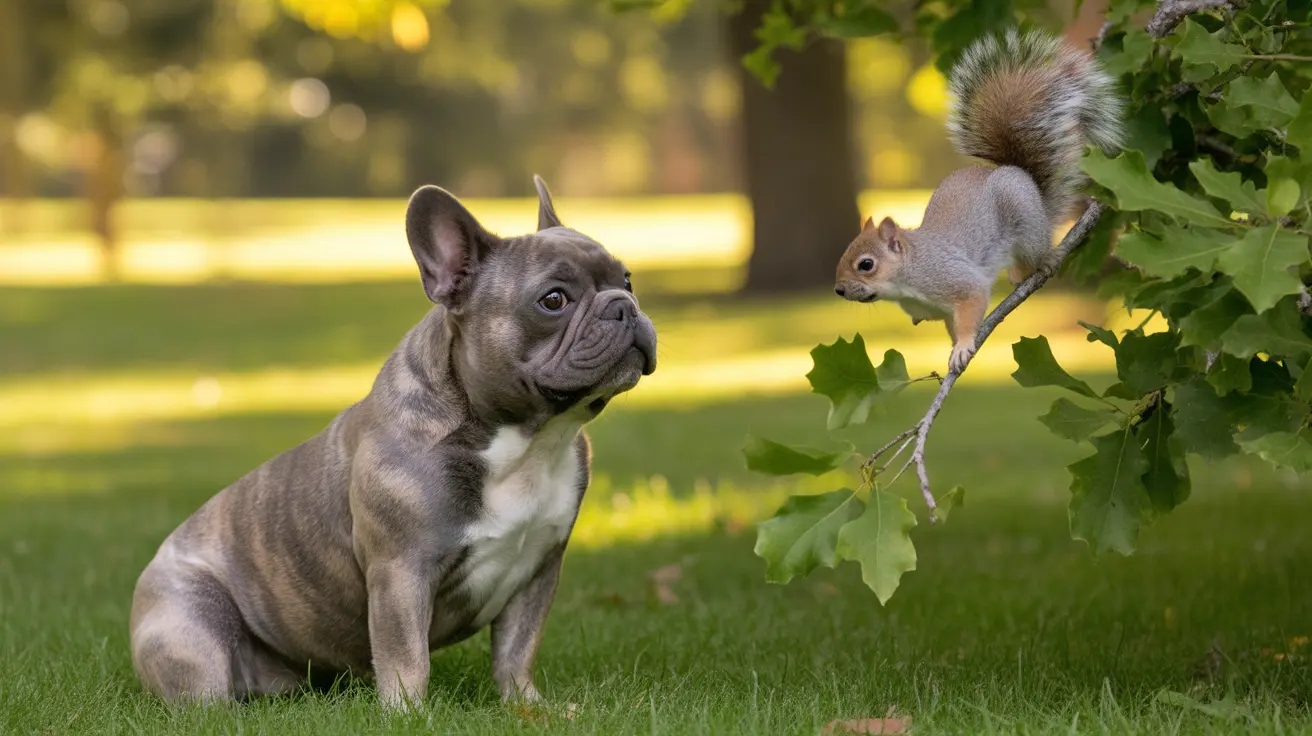 A French Bulldog sitting on grass, intently looking at a squirrel on a tree branch nearby