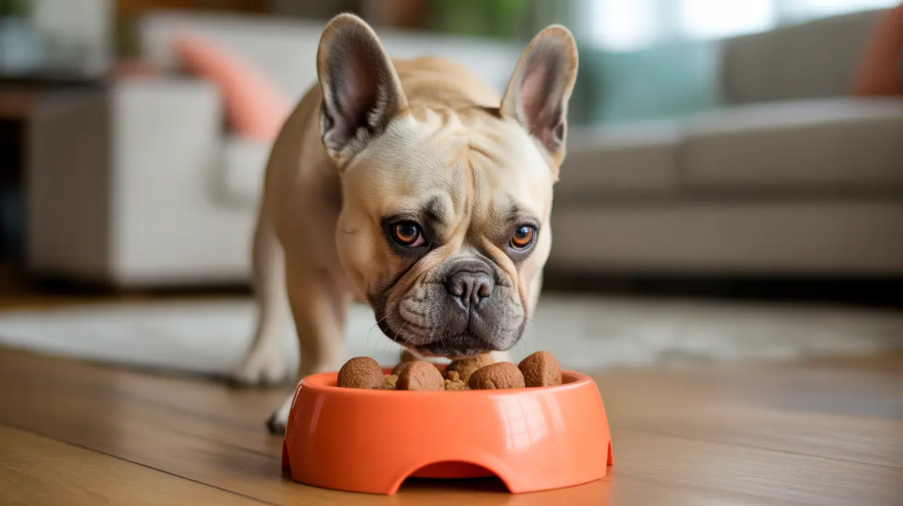 A French Bulldog staring intently at a bowl of dog food and treats