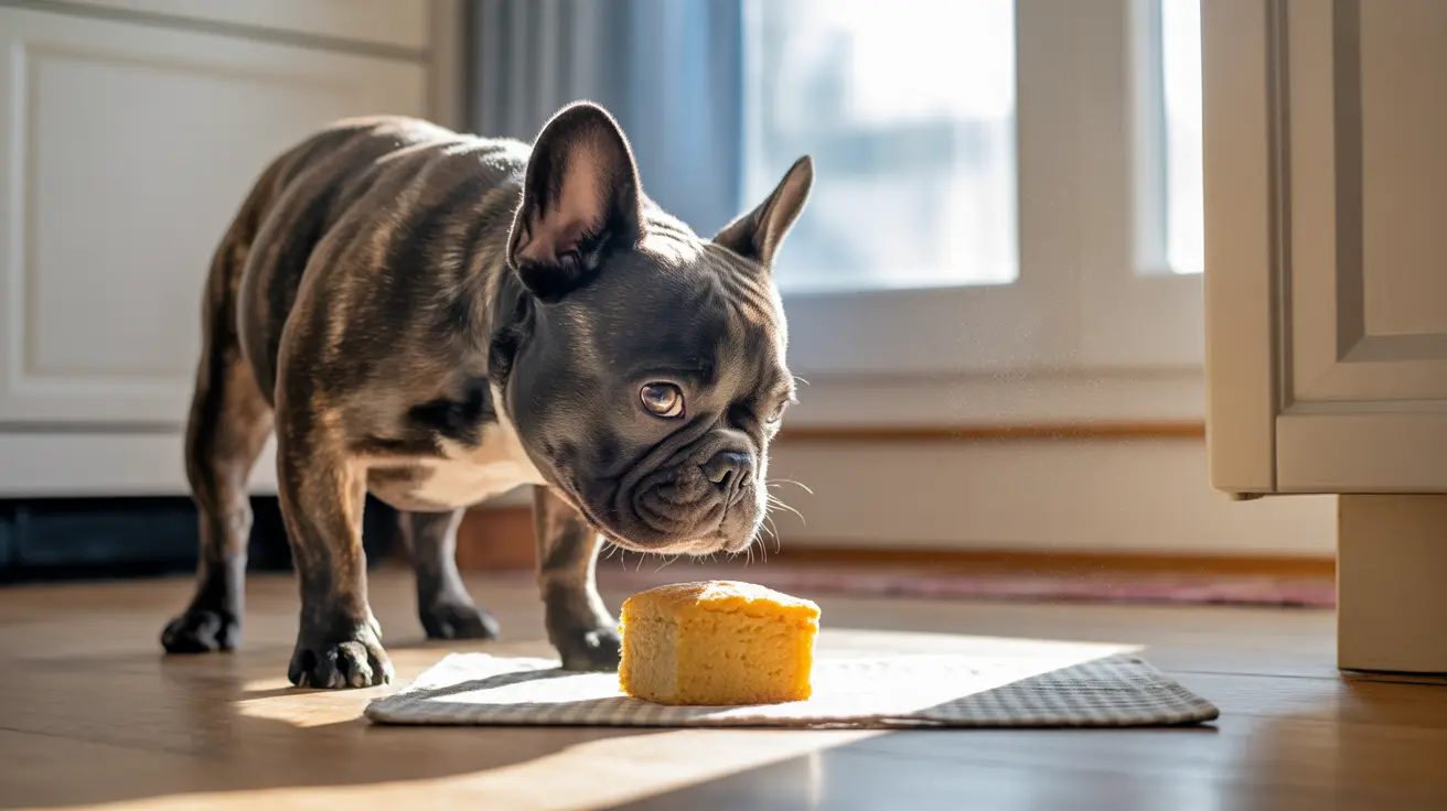 A French Bulldog intently staring at a piece of yellow cake sitting on a checkered mat