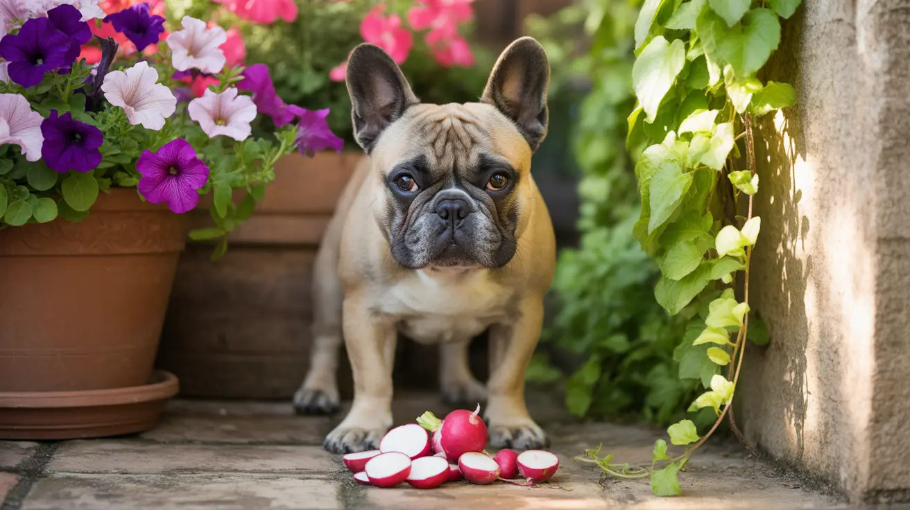 French Bulldog sitting on stone patio next to colorful flowers and scattered radish slices