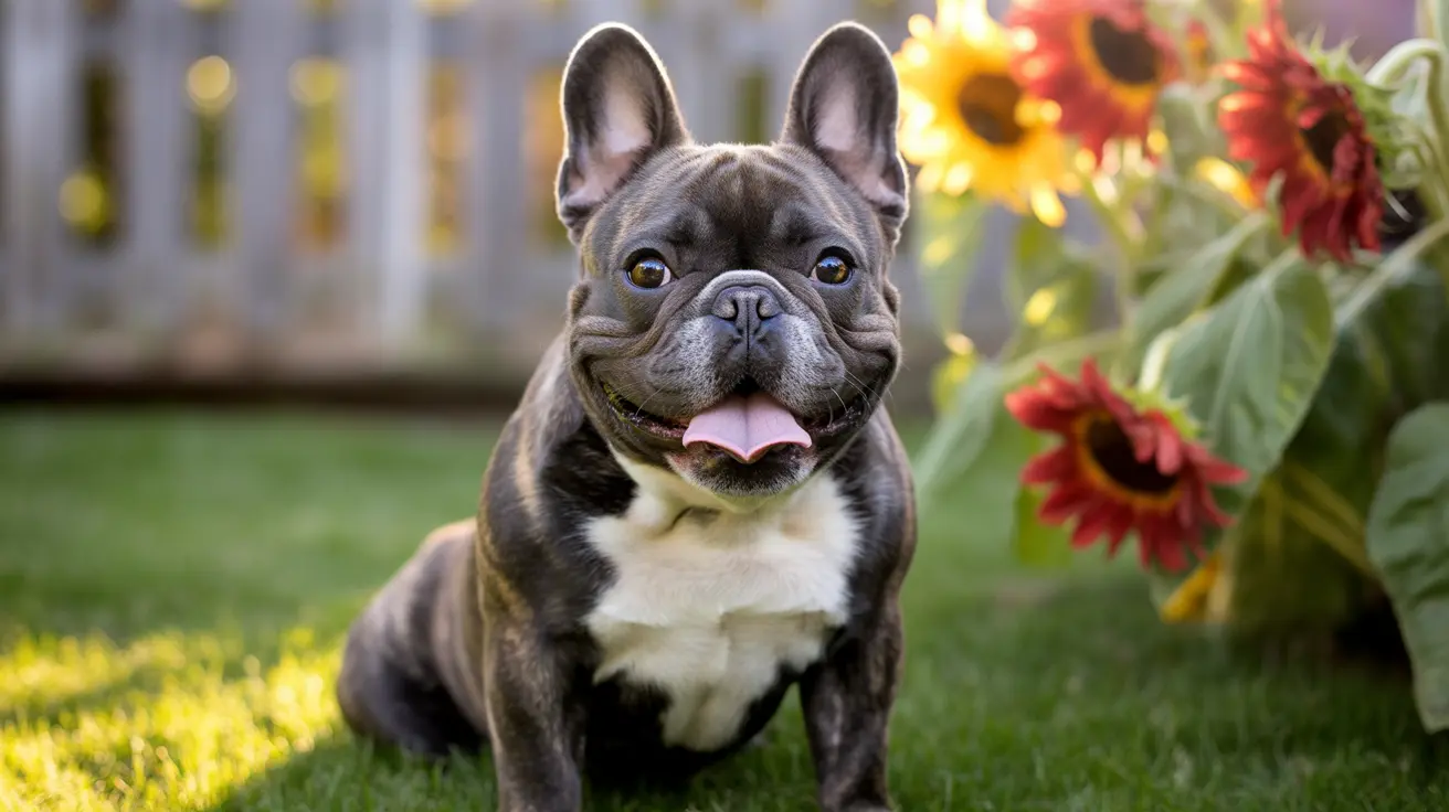 French Bulldog sitting calmly in a sunny backyard garden with colorful flowers nearby