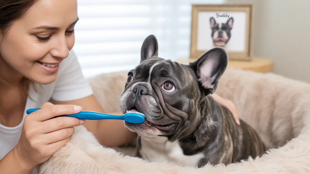 A French Bulldog having its teeth brushed by a person at home