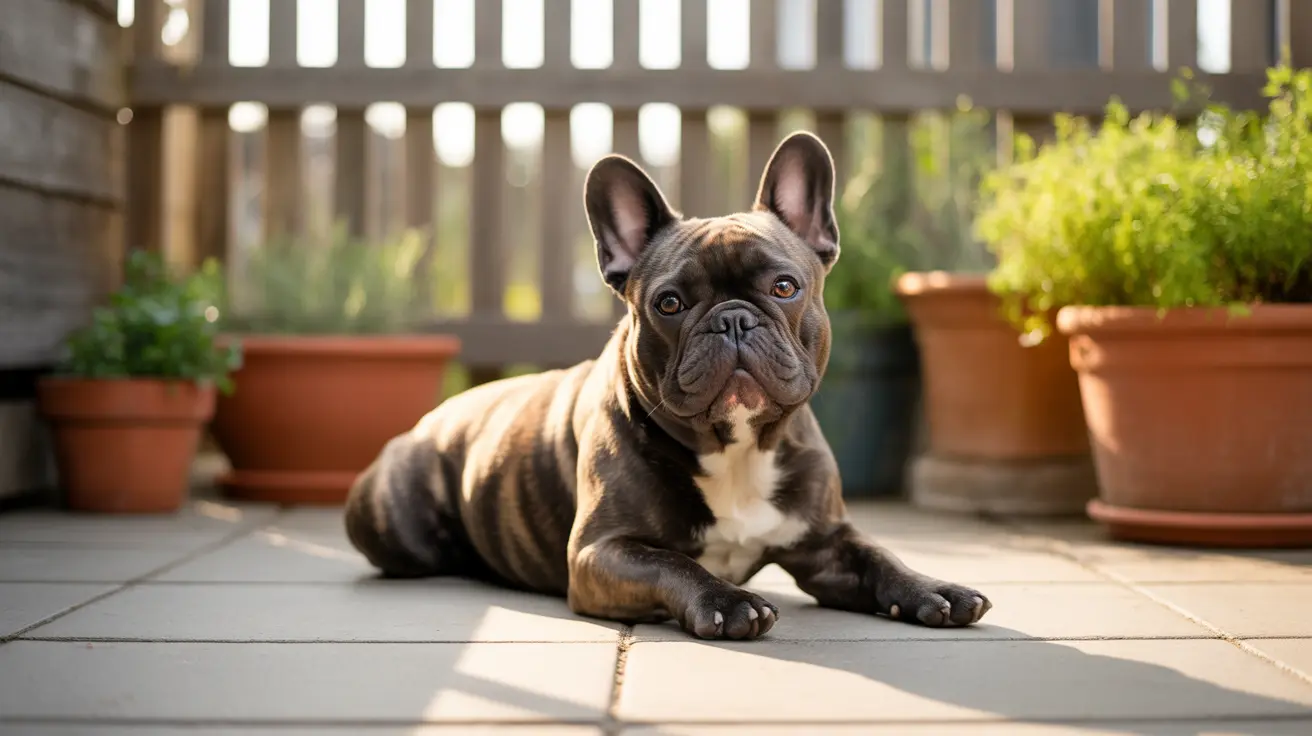 French Bulldog sitting calmly on a tiled patio with terracotta plant pots in the background