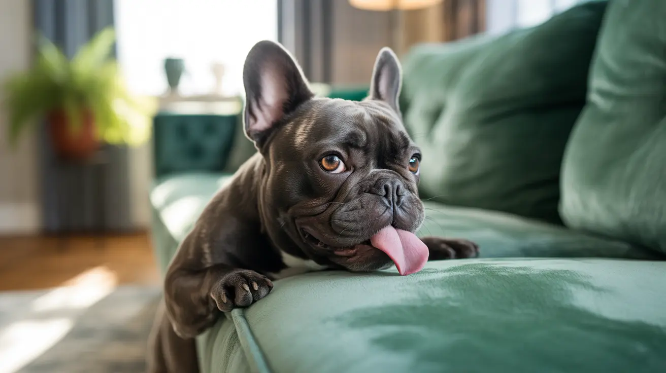 Un Bulldog Francés encantador jugando en un sofá verde con la lengua afuera.