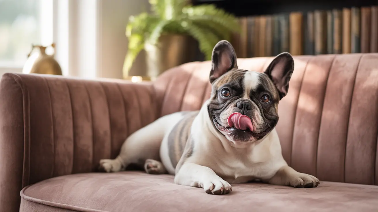 A French Bulldog sitting comfortably on a pink velvet couch, looking playful with tongue out.