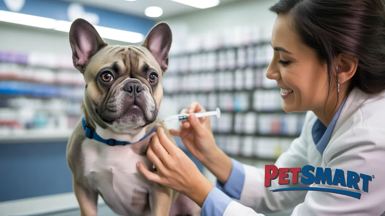 French Bulldog receiving a vaccination from a veterinarian at a PetSmart clinic