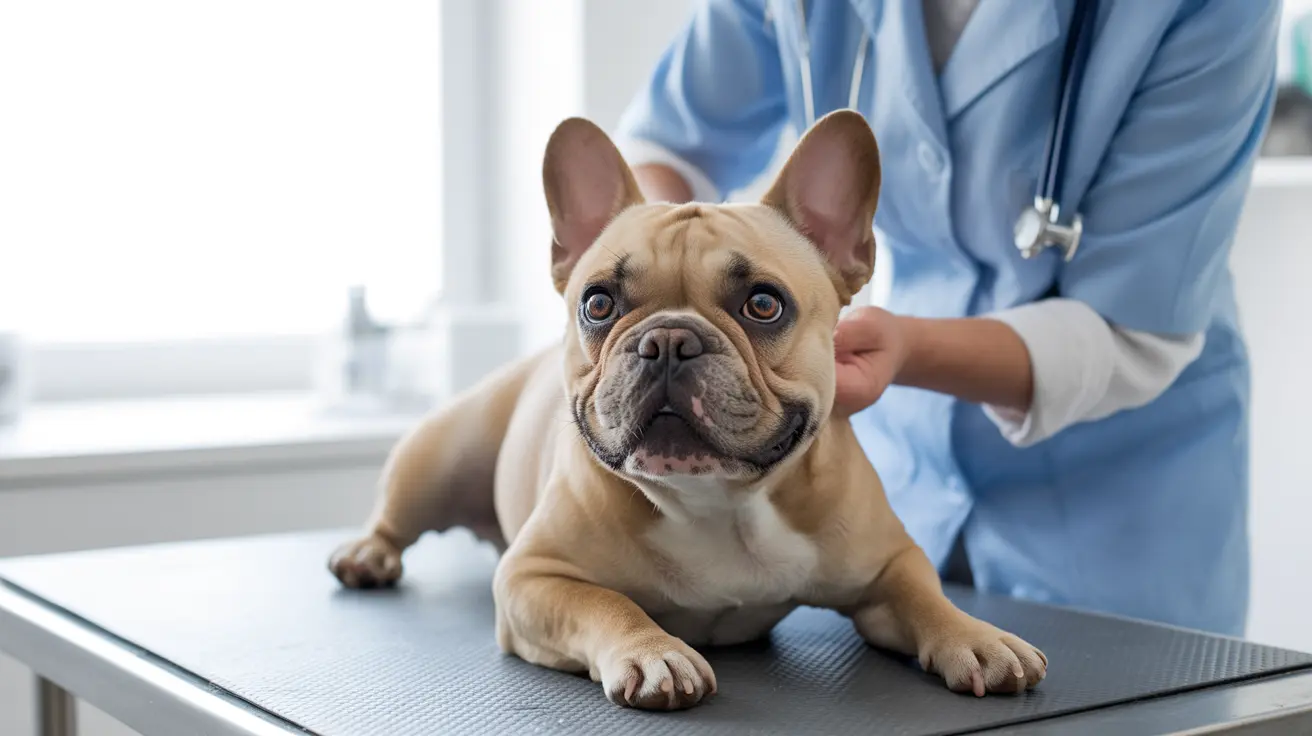 A tan and white French Bulldog sitting calmly on an examination table during a veterinary check-up