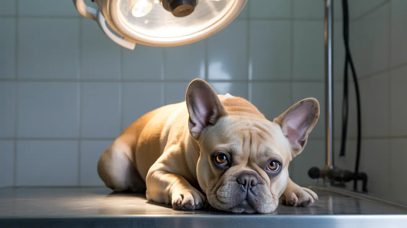 French Bulldog lying on veterinary table under medical light in clinical setting