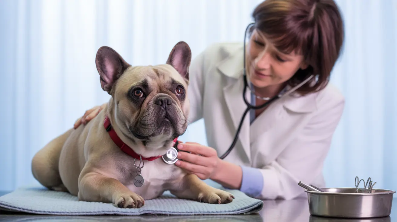 A French Bulldog receiving a veterinary examination from a healthcare professional