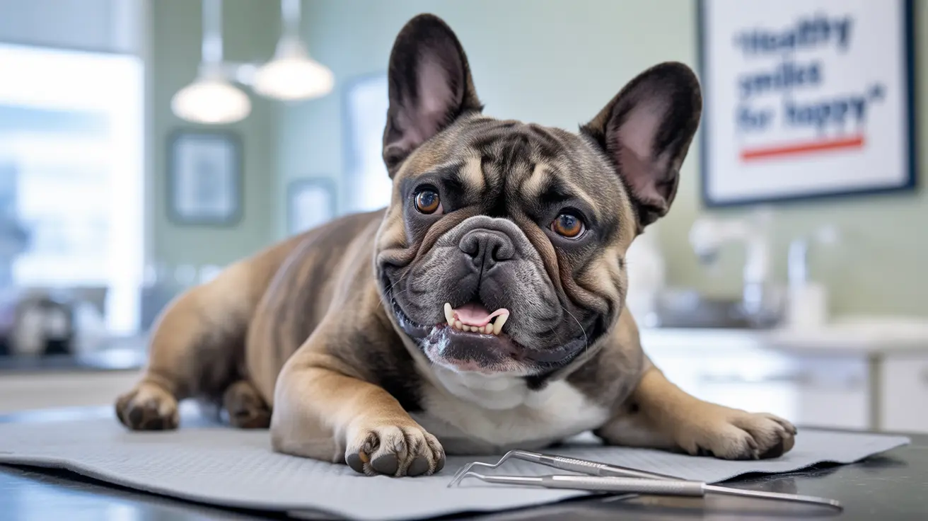 French Bulldog on vet exam table, slight smile