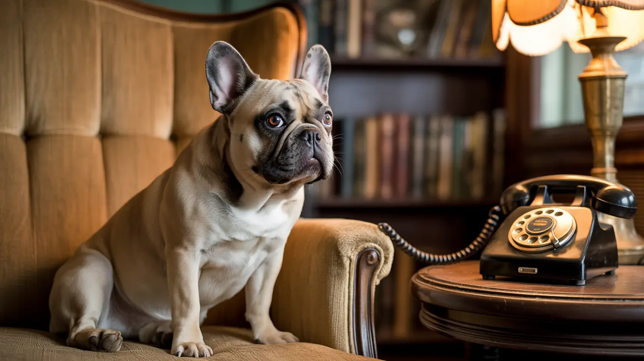 A French Bulldog sitting attentively on a vintage armchair next to an antique rotary telephone