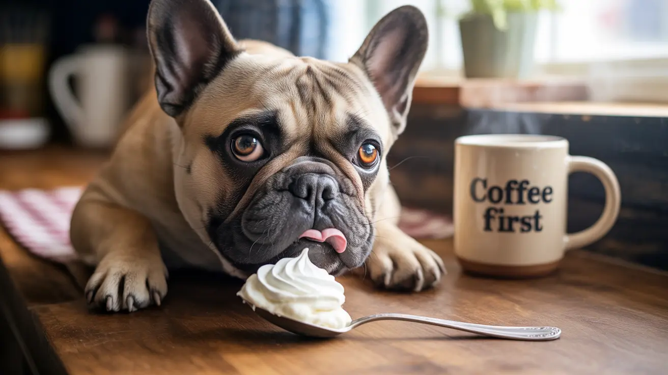 A French Bulldog licking its lips next to a whipped cream dollop and a 'Coffee first' mug.