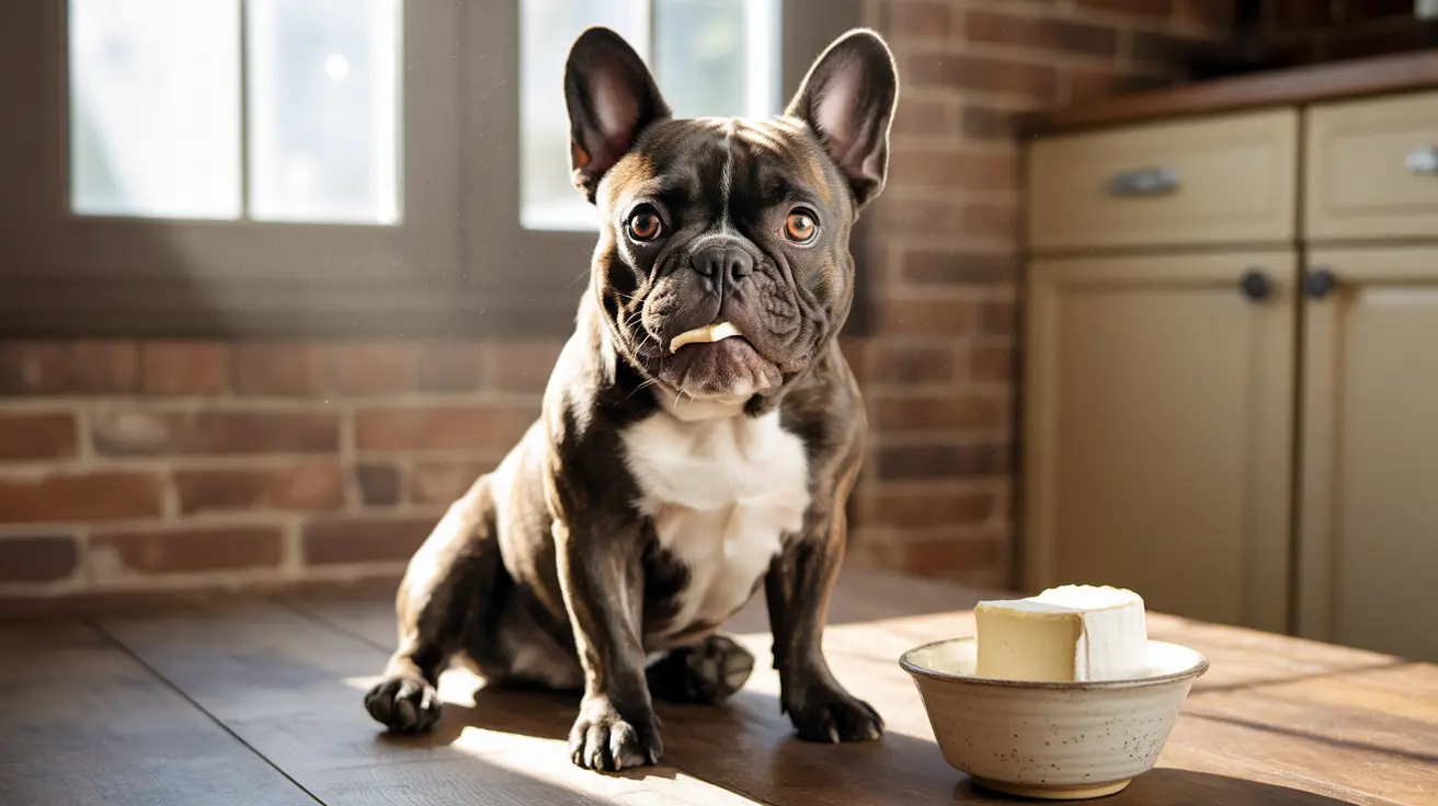 A French Bulldog sitting attentively on a wooden surface near a bowl of butter or cheese