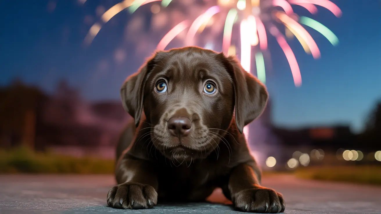 Pet dog looking scared inside a home during fireworks