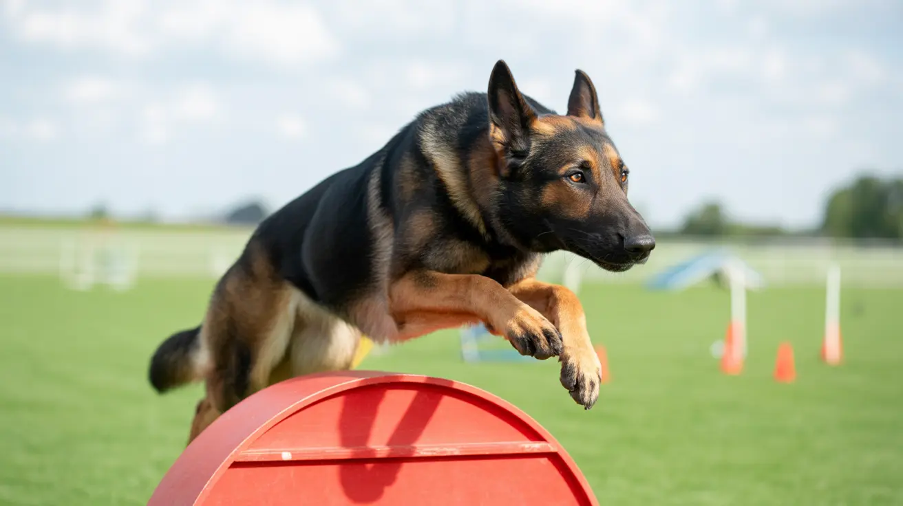 German Shepherd leaping over a red obstacle during an agility training session