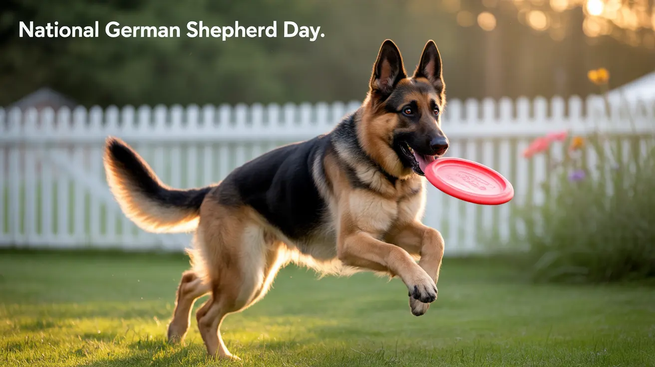 A German Shepherd leaping mid-air while catching a red frisbee in a sunlit backyard