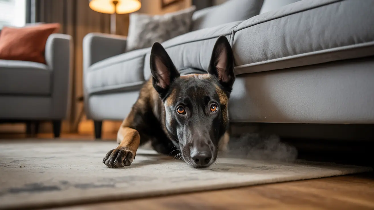 A German Shepherd dog lying on a rug between two gray sofas, looking directly at the camera with an attentive expression.