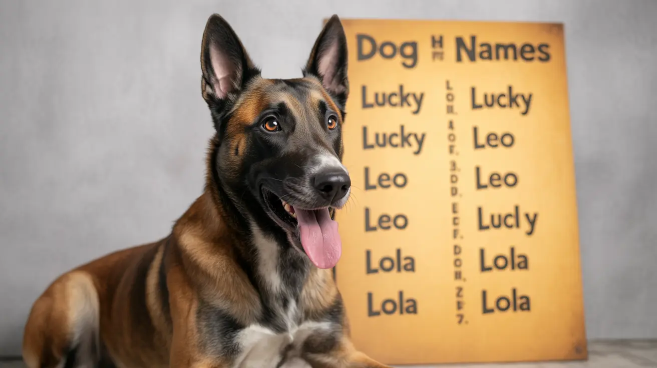 Happy German Shepherd next to a yellow sign listing popular dog names