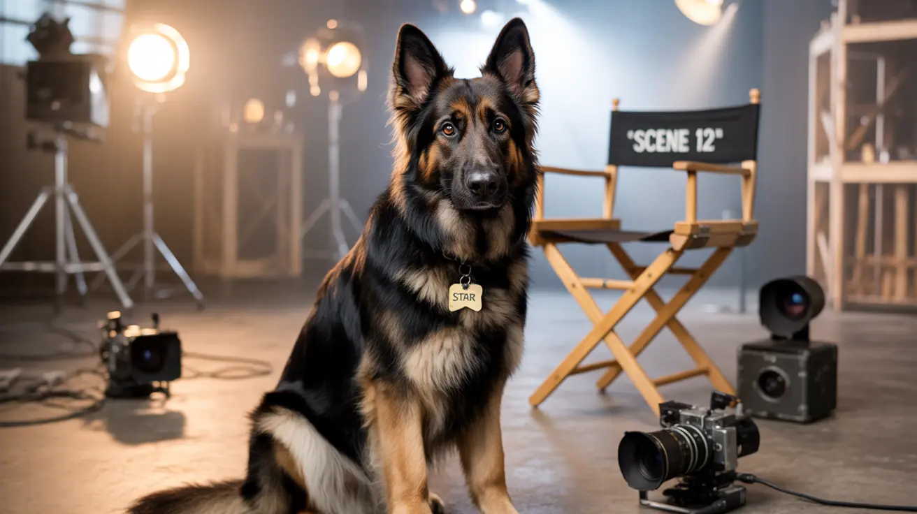 A German Shepherd dog on a film set, wearing a 'Star' name tag near a director's chair labeled 'Scene 12'