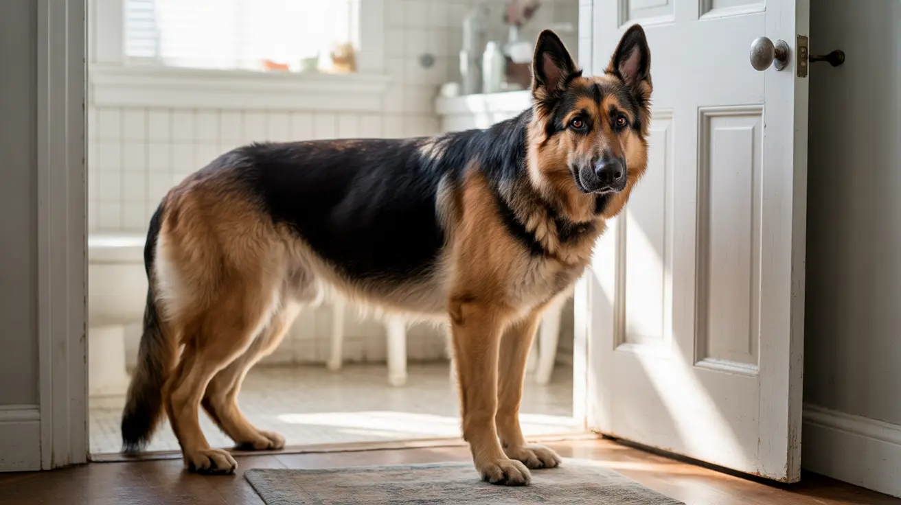 A majestic German Shepherd standing alertly near a white interior door