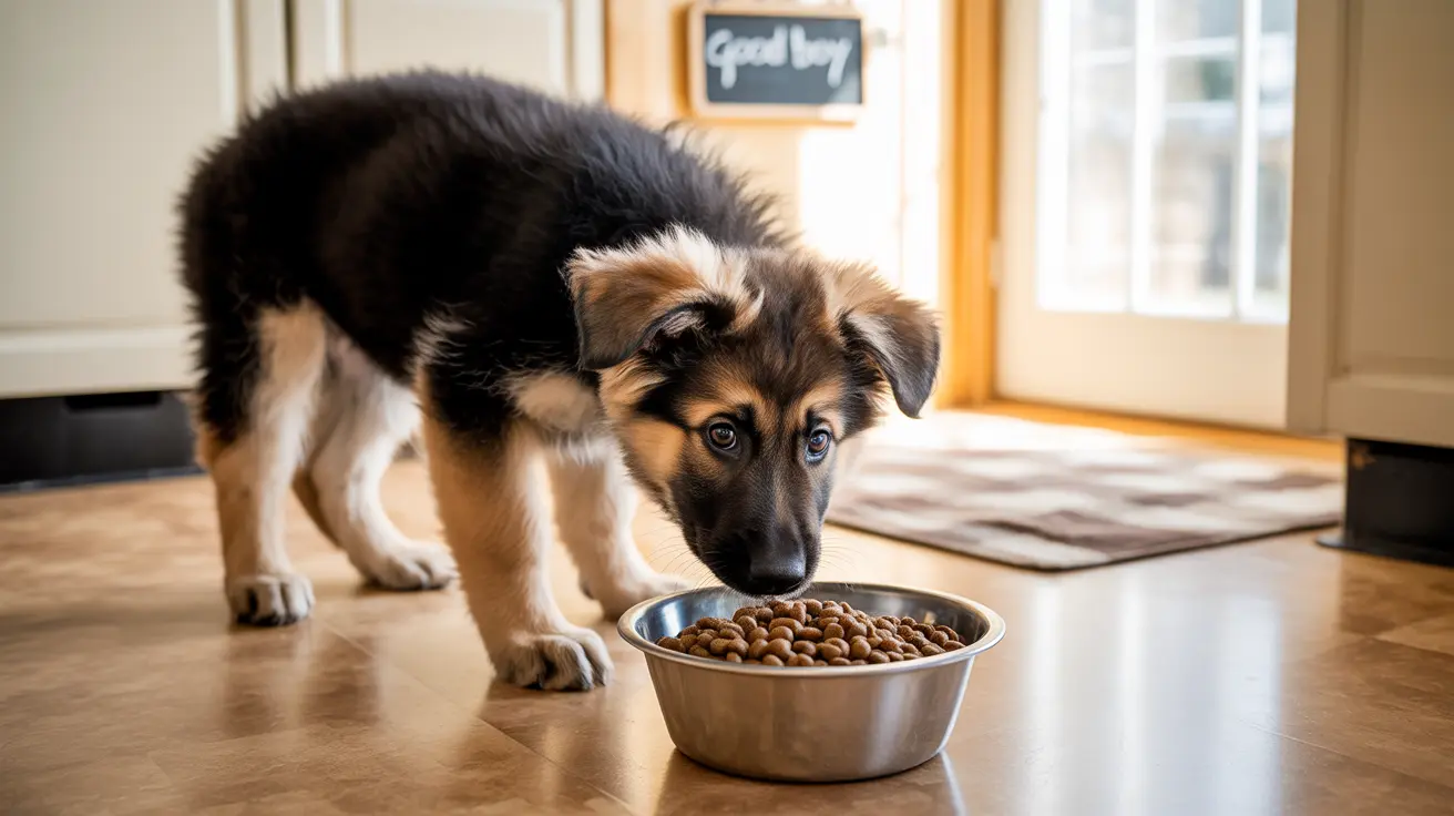 A young German Shepherd puppy looking intently at a bowl of dry dog food