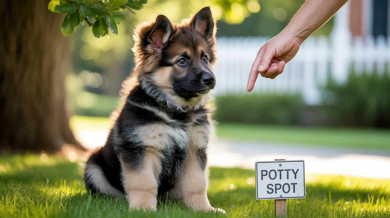 Young German Shepherd puppy sitting attentively next to a 'Potty Spot' sign in a green yard