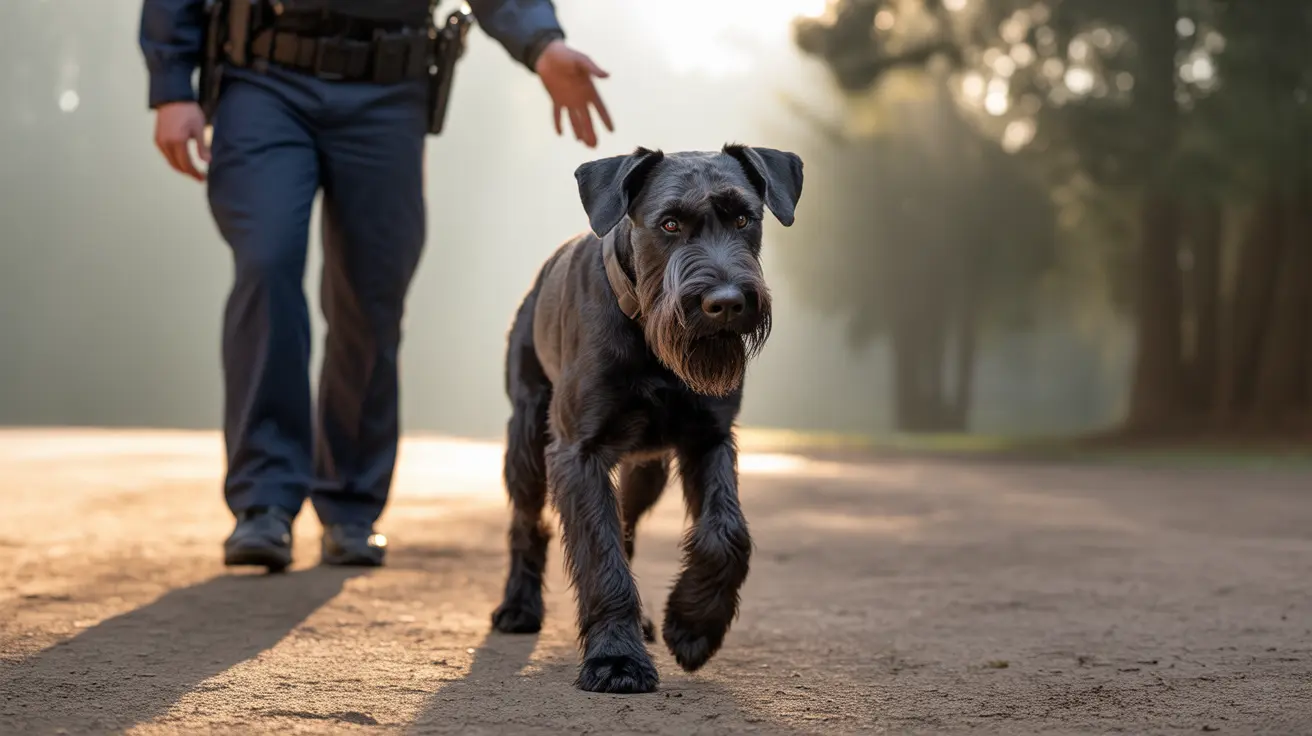 Serious-looking Schnauzer walking alongside a uniformed officer on a misty morning path