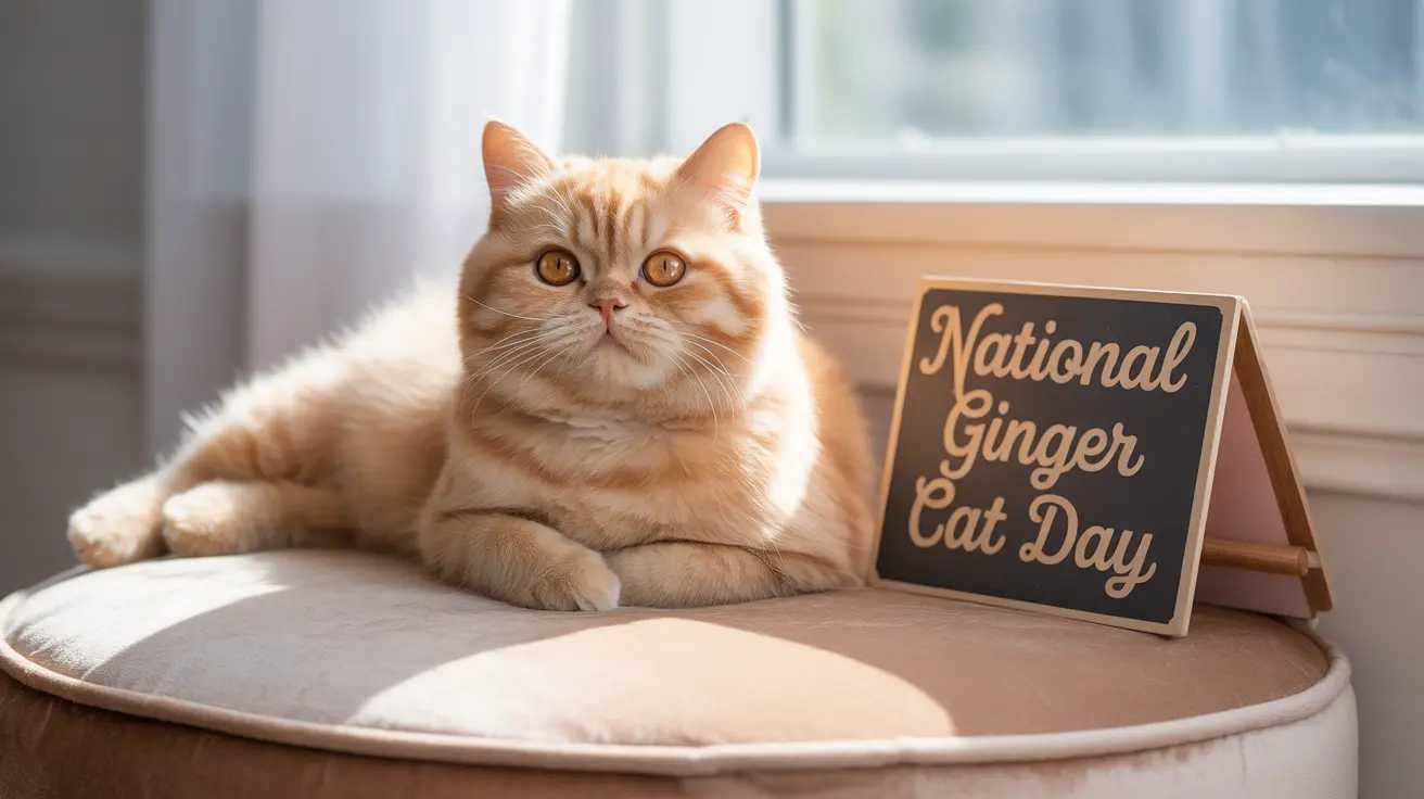A fluffy orange ginger cat sitting on a cushioned seat near a window next to a sign that reads 'National Ginger Cat Day'