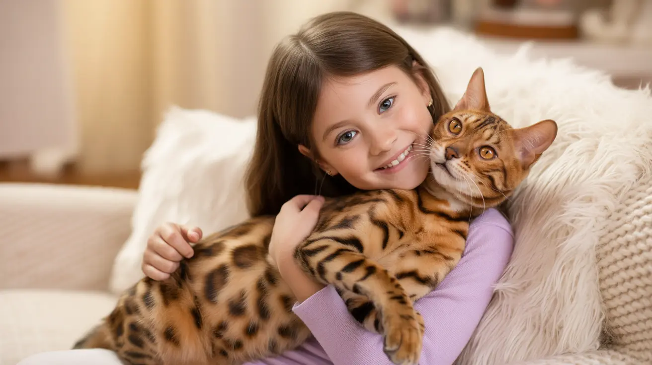 Una niña pequeña abraza cariñosamente a un gato Bengalí en un sofá acogedor en casa.