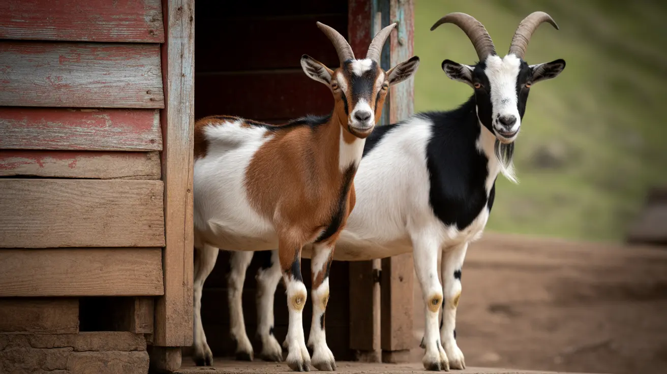 Deux chèvres avec des cornes debout ensemble près d'une structure de grange en bois, l'une marron et blanche, l'autre noire et blanche.