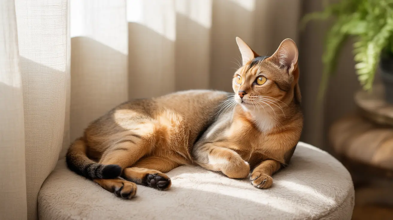 Golden-colored Bengal cat lounging on a light-colored cushioned chair by a window