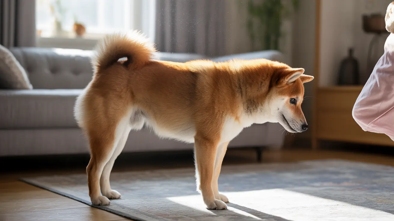 A golden-brown Shiba Inu standing alert on a rug in a bright, modern living room.