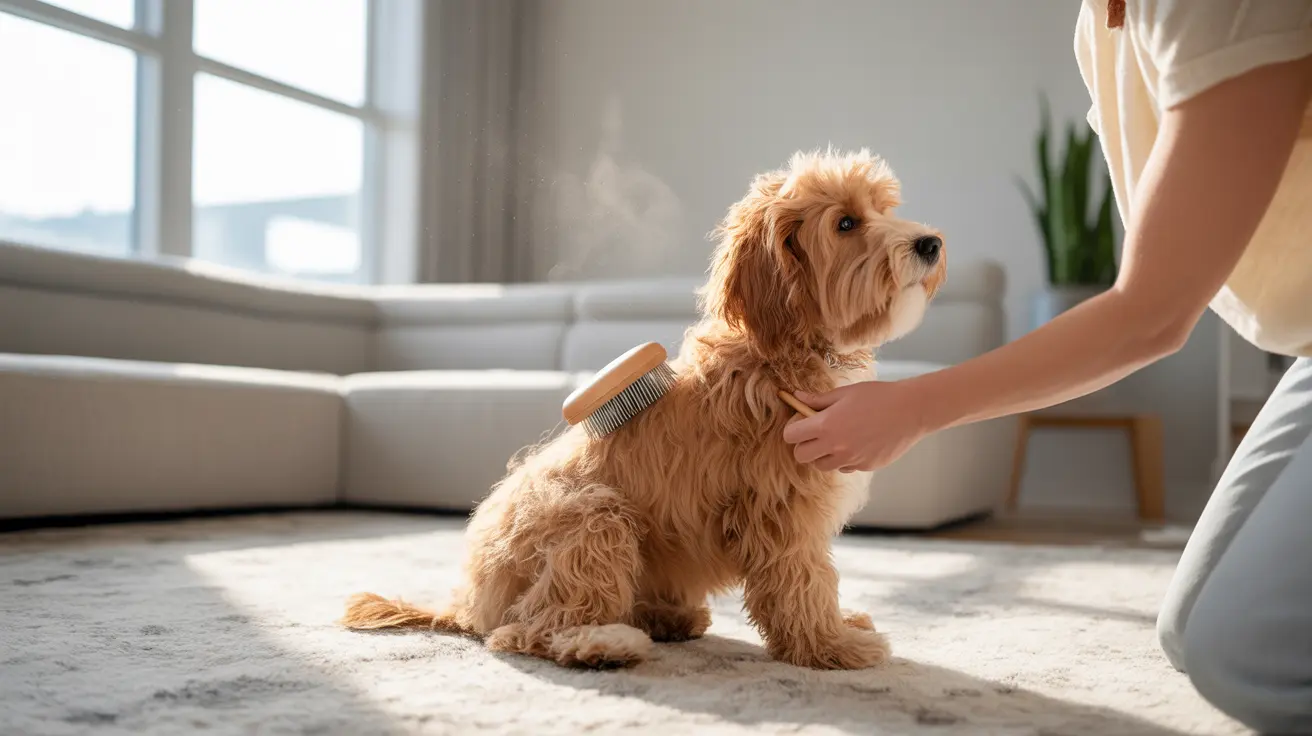 Golden-colored Cockapoo being groomed with a brush in a bright modern living room